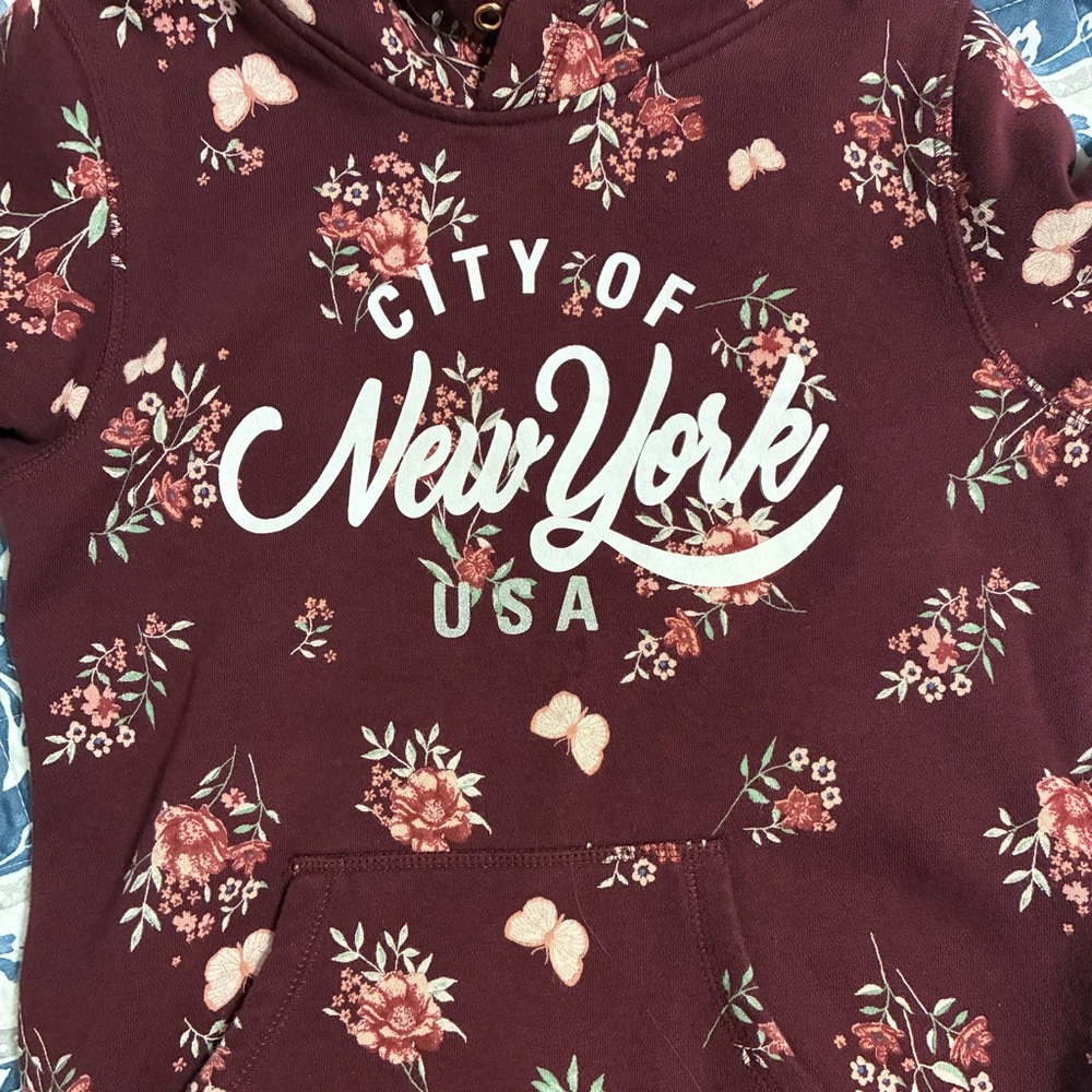 H&M Burgundy City of New York USA Floral Girl’s Hoodie Jacket Size 16/18